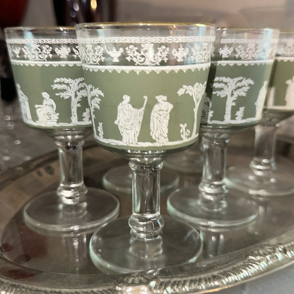 Vtg Jeanette Wedgwood Hellenic Green Jasperware Goblets Set of 6 - Picture 3 of 5